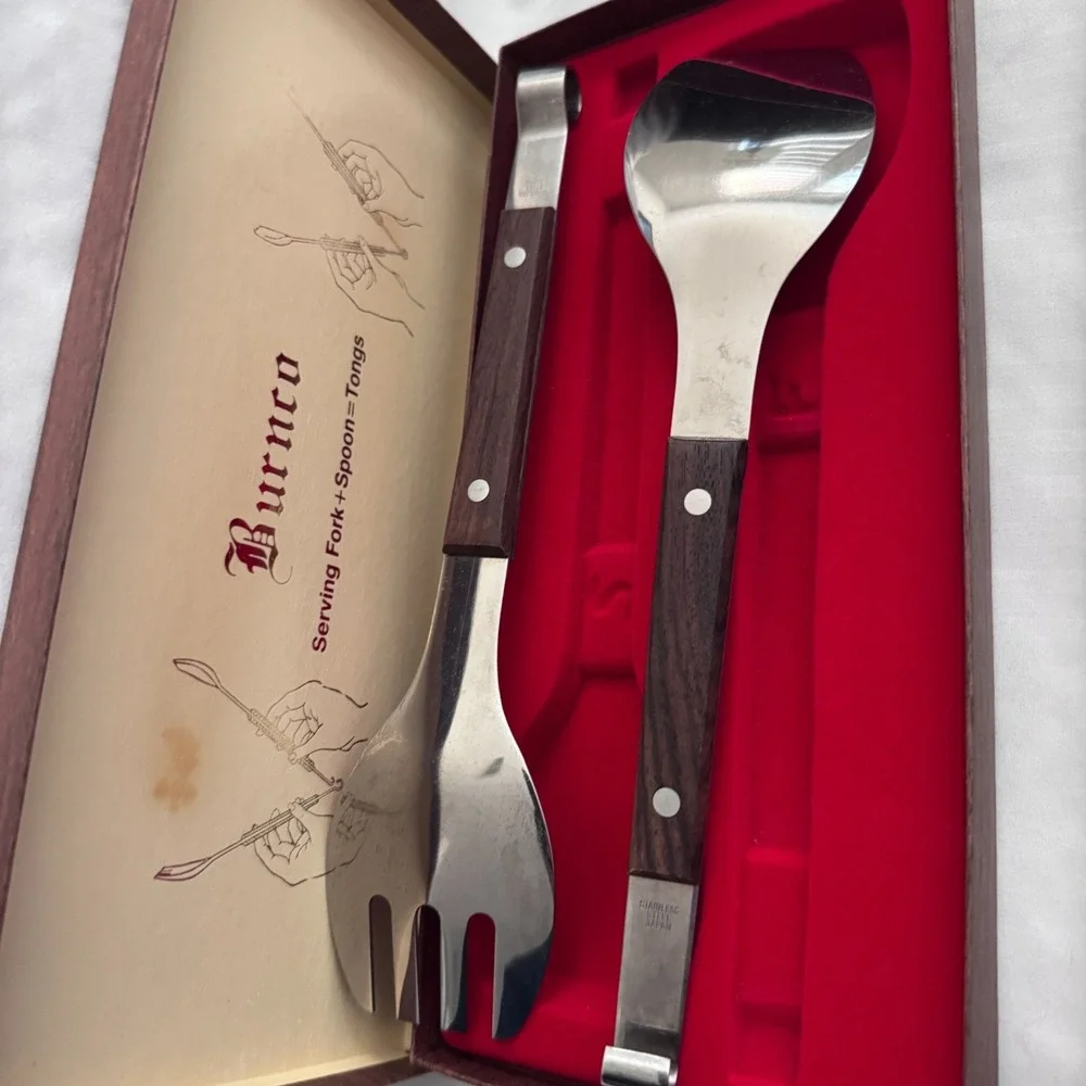 Vintage Burnco Serving Fork & Spoon = Tongs‎ Stainless Steel Japan